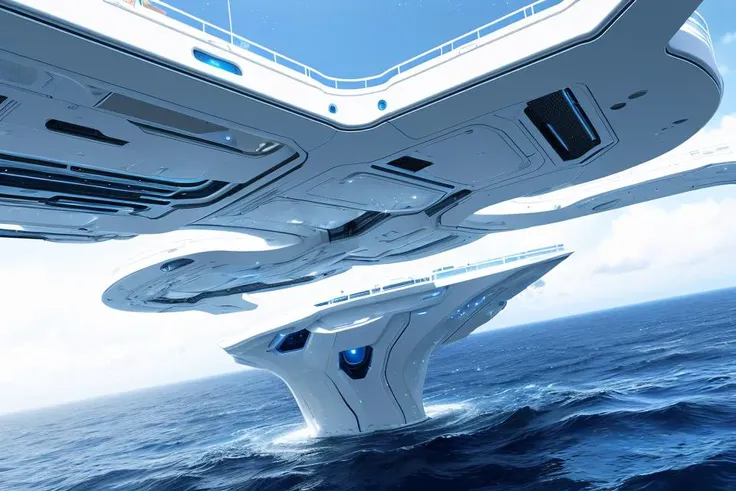 (Liquid Splash Fluid Art:1.2) Starship Genesis Revised: A pristine starship, a beacon of advanced technology, gracefully emerges from a serene, ethereal portal within an alien ocean. The hyper-futuristic vessel is characterized by minimalist design and smooth, flowing shapes that embody an aesthetic of simplicity and elegance. Its contours and surfaces, adorned with softly pulsating lights, mirror the tranquility of the surrounding ocean. Rendered in Cinema 4D, the scene captures the sublime, almost meditative moment of the starship's emergence, accentuated by the subtle reflections in the calm water. The final image, polished with Gamma Correction and Tone Mapping, presents a captivating interplay of minimalist design and hyper-futuristic surrealism, inspired by the clean, smooth aesthetics championed by artists like Alex Roman and Beeple.