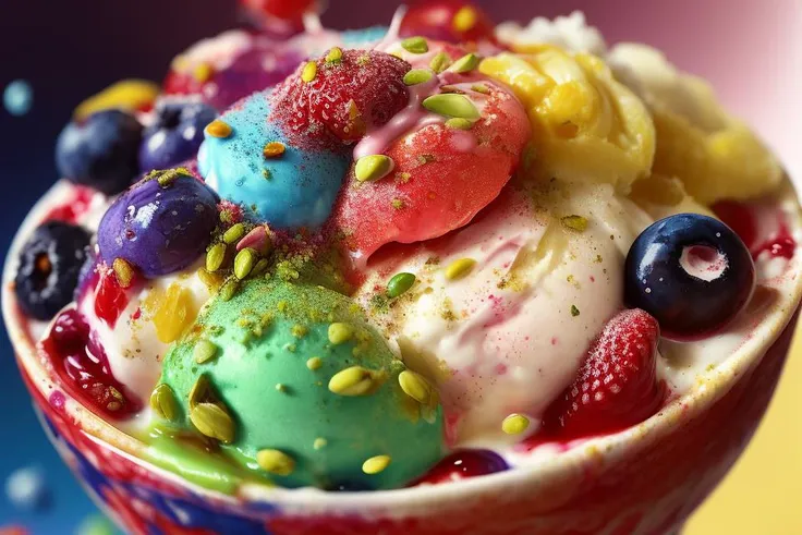 (FOOD_CRIT:1.3) // Photorealistic Trompe-l'œil masterpiece(illustration:1.3) of a delectable ice cream sundae // featuring scoops of vibrant blueberry, strawberry, and pistachio ice cream // topped with a rainbow of sprinkles and a cherry on top // film still by Greg Rutkowski // in the style of FoodPorn // (BEEPLE:1) // Houdini3d // Octane Render // Unreal Engine 5 // foodporn (FLUIDART // (LIQUID SPLASH:1.333) // KNOLLINGCASE) //