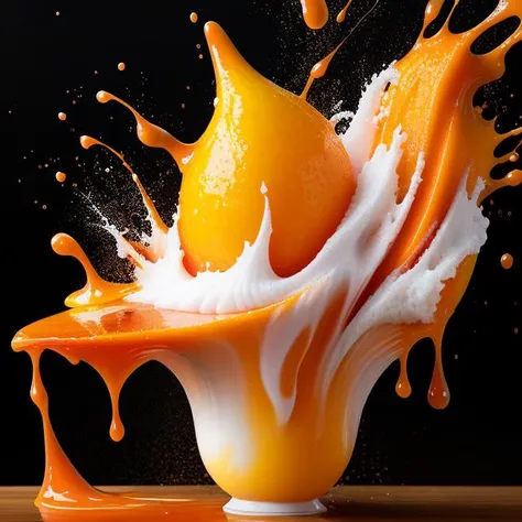 Mango Delight(Liquid splash fluidart:0.8) A juicy mango wedge plunges into a torrent of velvety caramel, the sweet sauce enveloping the fruit in a tantalizing cascade. This mesmerizing display, created with Cinema 4D's fluid simulation, showcases a harmonious fusion of textures and hues. The resultant image, enriched with Gamma Correction and Tone Mapping, pays homage to the unique artistic visions of Alex Roman and Beeple.