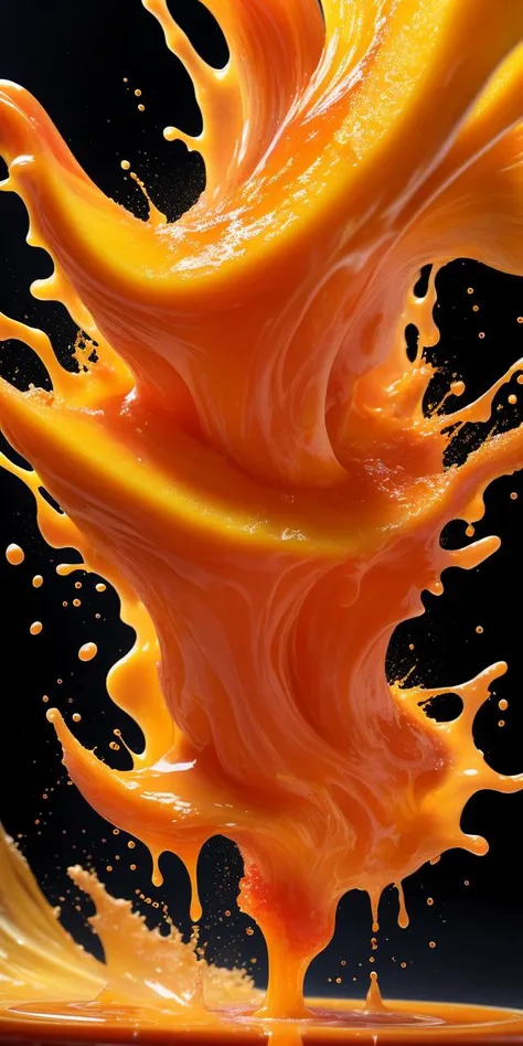 Mango Delight(Liquid splash fluidart:0.8) A juicy mango wedge plunges into a torrent of velvety caramel, the sweet sauce enveloping the fruit in a tantalizing cascade. This mesmerizing display, created with Cinema 4D's fluid simulation, showcases a harmonious fusion of textures and hues. The resultant image, enriched with Gamma Correction and Tone Mapping, pays homage to the unique artistic visions of Alex Roman and Beeple.