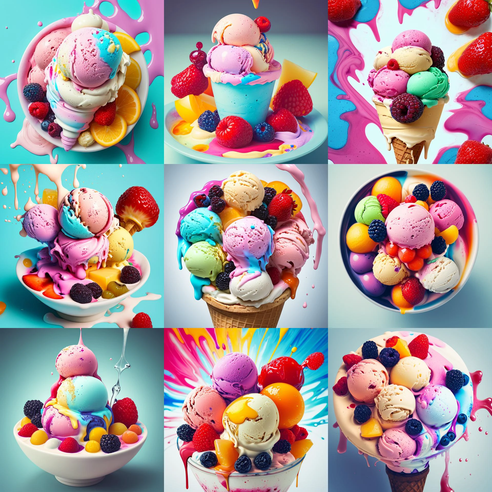Masterpiece , high quality , RAW photo , fluid art scene, ice cream with multi fruits on top