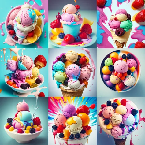 Masterpiece , high quality , RAW photo , fluid art scene, ice cream with multi fruits on top