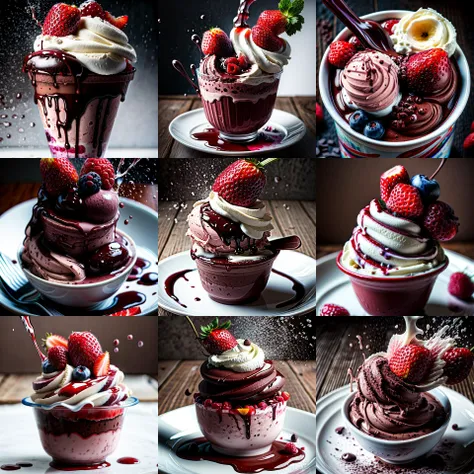 Masterpiece , high quality , RAW photo product ,fluid art scene, Vanila AND chocolate ice cream , multi fruits on top , (Beeple:0.5) , sharp , focus , rtx on , film grain, <lora:more_details:1>
