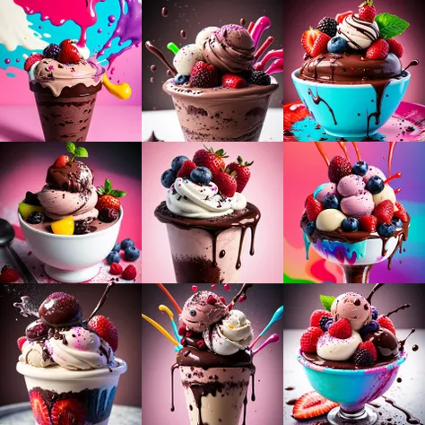 Masterpiece , high quality , RAW photo product ,fluid art scene, chocolate ice cream with multi fruits on top , (Beeple:.4) , sharp , focus , rtx on