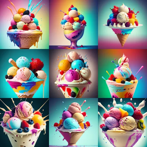 Masterpiece , high quality , RAW photo , fluid art scene, ice cream with multi fruits on top , (Beeple:.4) , sharp , focus , rtx on