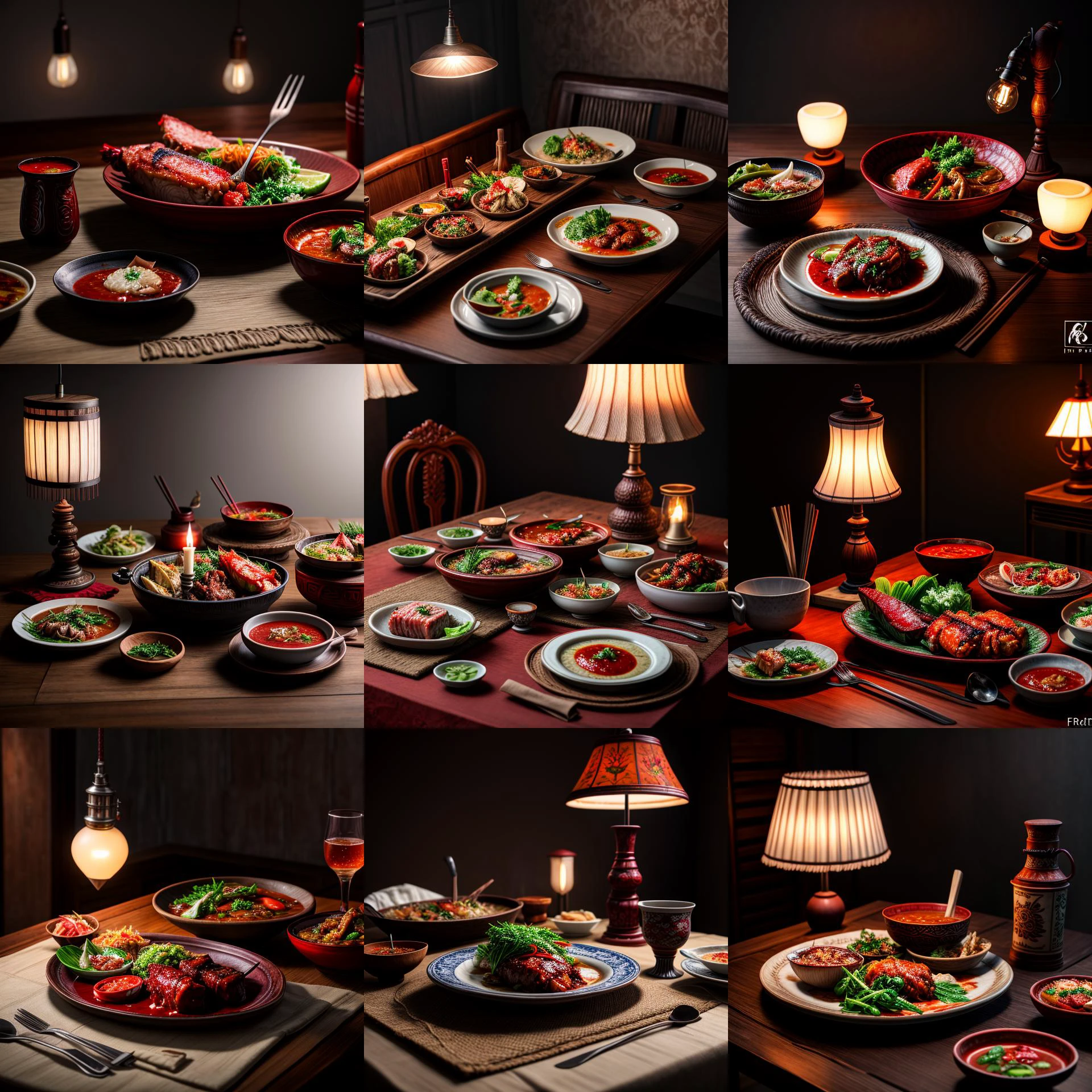 Masterpiece , high quality , RAW photo product ,artistic scene , (FOOD_CRIT: 0.4) delicious indonesian traditional dishes served in luxury table , exotic dinner lamp collection , sharp , focus , rtx on , film grain, <lora:more_details:1> NO humans, RmadaArt V8 Cold Vae//Project Cryengine