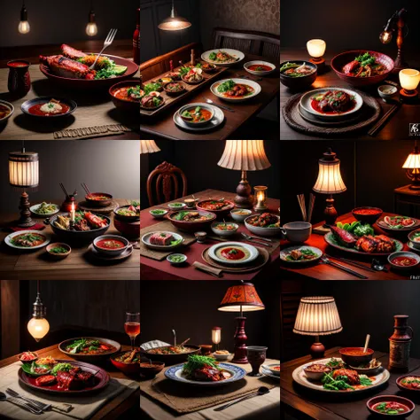 Masterpiece , high quality , RAW photo  product ,artistic scene , (FOOD_CRIT: 0.4)  delicious indonesian traditional dishes served in luxury table  ,  exotic dinner lamp collection , sharp , focus , rtx on  , film grain, <lora:more_details:1> NO humans, RmadaArt V8 Cold Vae//Project Cryengine