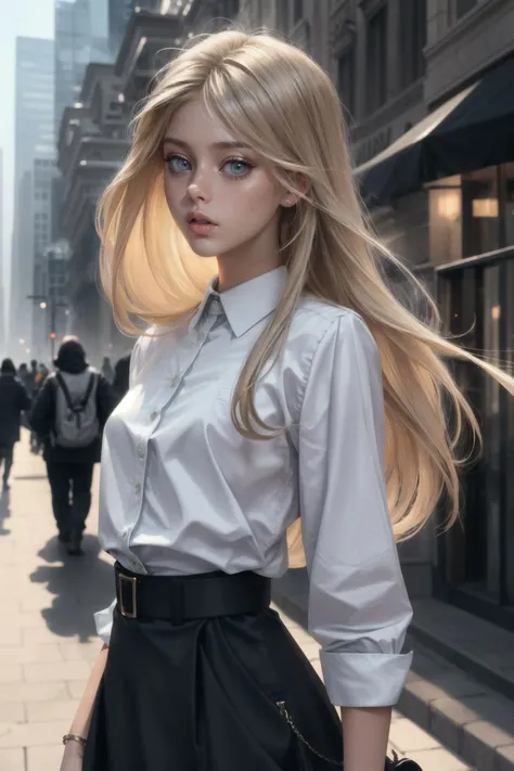 LoretoP, PA7_Photo, Street photography, Gorgeous, early twenty, woman, Long hair, Straight hair, Blonde hair, Grey blue eyes, Cupid's Bow lips, Mauve lips, Calm, Medium breasts, Smart Casual dress, Wide leg pants, Top light, Caustics, Morning, Foggy, Skyscraper background, Panasonic Lumix S1, 50mm prime lens, Full shot, BREAK PA7_Portrait-MCU, Slanted angle, Kodak vision3 IMAX, ((Infraed filter)), (((PA7_Human-Likeness)))
<lora:add_detail:0.5>