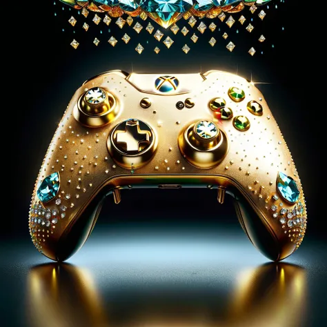 a photo shot of a ral-bling golden xbox controller,vibrant colors,black background,(raining diamonds),realistic,highly detailed,lifelike,studio photo,highly detailed,colors,dynamic,cinematic,masterpiece,intricate,hdr