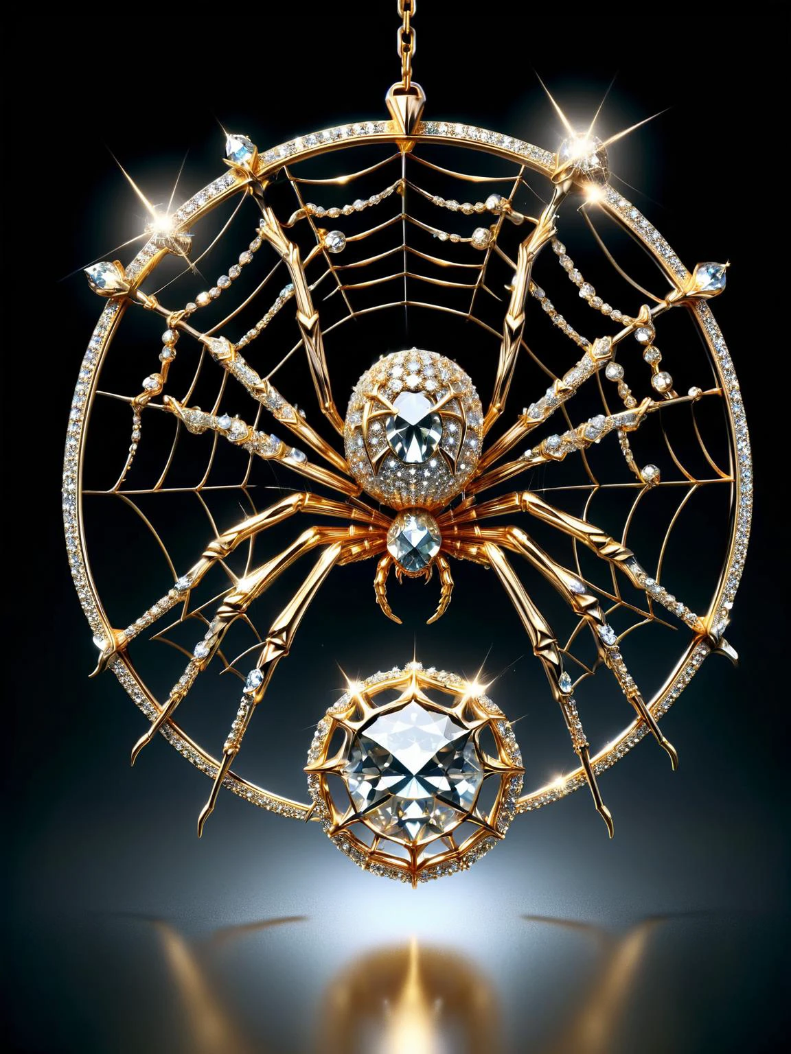 <lora:ral-bling-sdxl:1> A ral-bling spider spinning a web of moonlight, catching stardust in its shimmering ral-bling threads.