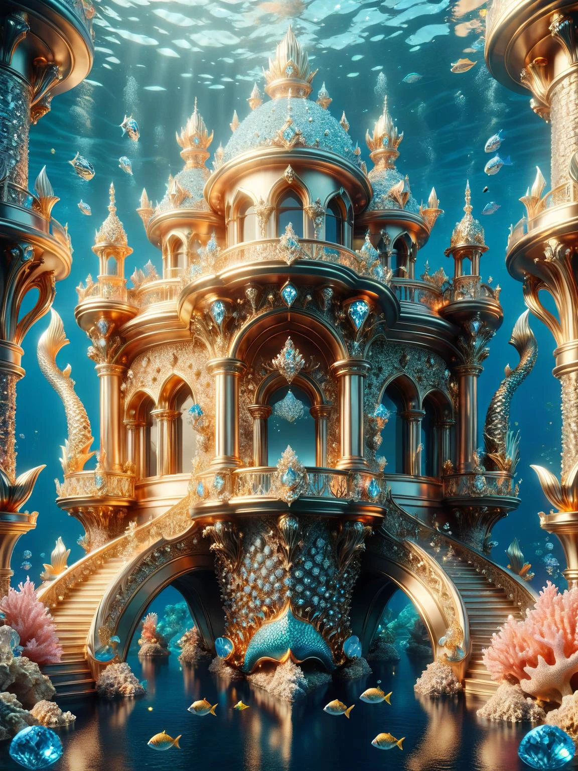 <lora:ral-bling-sdxl:1> A majestic underwater palace built from coral encrusted with ral-bling, mermaid royalty gliding through glittering currents.