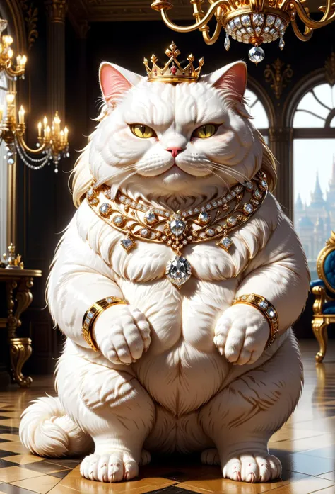 amazing quality, masterpiece, best quality, hyper detailed, ultra detailed, UHD, depth of field,
realistic, reality, standing fat cat, boss cat, personification, vicious, swagger, arrogant, long hair, hairy, in palace,
crown, necklace, jewelry, chandelier, armband,
<lora:ral-bling-sdxl:0.85>, ral-bling,
<lora:add-detail-xl:0.8>,
<lora:EnvyBetterHiresFixXL01:0.8>,
<lora:fluffy:1> fluffy,