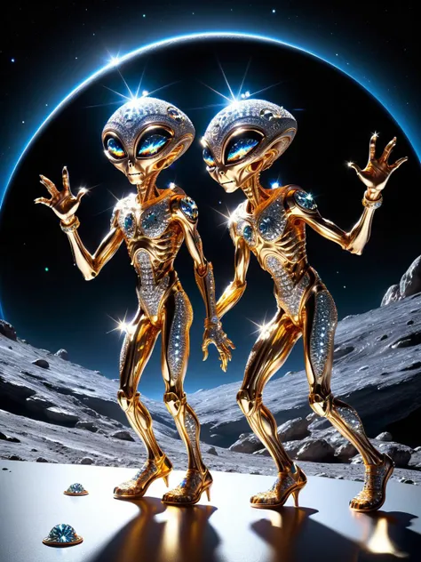 <lora:ral-bling-sdxl:1> A cosmic ral-bling dance party on a comet, aliens in ral-bling clothes grooving to music from twinkling stars.