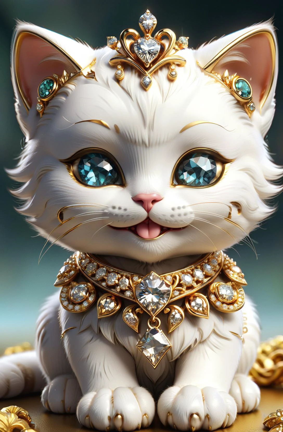 amazing quality, masterpiece, best quality, hyper detailed, ultra detailed, UHD, depth of field,
hairy, fluffy, real kitten, smile, cute, kawaii,
This extraordinary little kitten exudes an air of opulence with its luxurious accessories. Adorned with gold jewelry and exquisite gemstones, this feline companion epitomizes sophistication and refinement. Its collar sparkles with ornate diamonds, while tiny gold charms dangle elegantly, reflecting its exceptional status. With every graceful movement, the kitten carries an aura of nobility, a small but dazzling symbol of extravagance and prestige.
<lora:ral-bling-sdxl:0.65>, ral-bling,
<lora:add-detail-xl:0.75>,
<lora:EnvyBetterHiresFixXL01:0.75>,