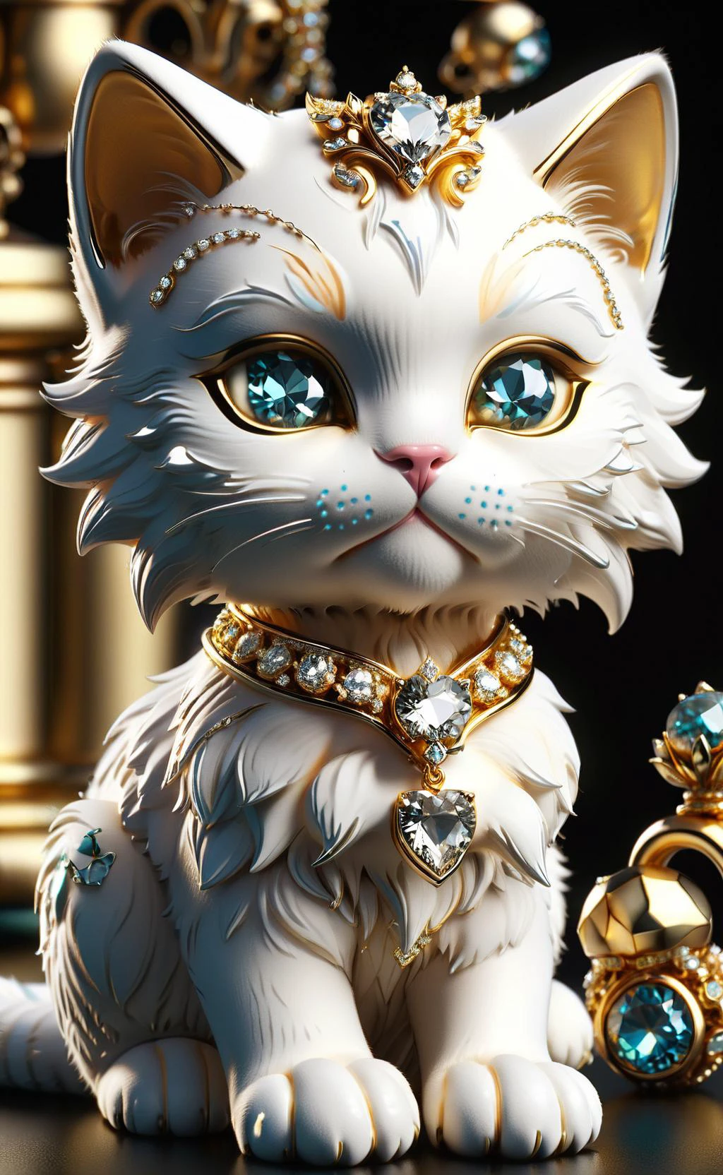 amazing quality, masterpiece, best quality, hyper detailed, ultra detailed, UHD, depth of field,
hairy, fluffy, real kitten,
This extraordinary little kitten exudes an air of opulence with its luxurious accessories. Adorned with gold jewelry and exquisite gemstones, this feline companion epitomizes sophistication and refinement. Its collar sparkles with ornate diamonds, while tiny gold charms dangle elegantly, reflecting its exceptional status. With every graceful movement, the kitten carries an aura of nobility, a small but dazzling symbol of extravagance and prestige.
<lora:ral-bling-sdxl:0.75>, ral-bling,
<lora:add-detail-xl:0.75>,
<lora:EnvyBetterHiresFixXL01:0.75>,