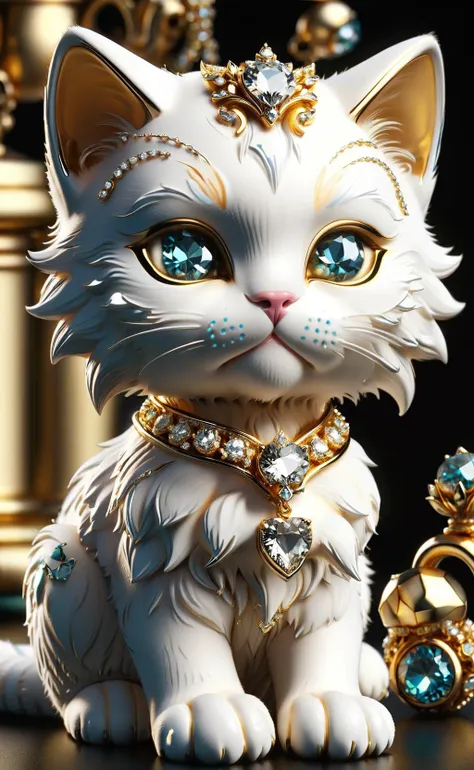 amazing quality, masterpiece, best quality, hyper detailed, ultra detailed, UHD, depth of field, 
hairy, fluffy, real kitten,
This extraordinary little kitten exudes an air of opulence with its luxurious accessories. Adorned with gold jewelry and exquisite gemstones, this feline companion epitomizes sophistication and refinement. Its collar sparkles with ornate diamonds, while tiny gold charms dangle elegantly, reflecting its exceptional status. With every graceful movement, the kitten carries an aura of nobility, a small but dazzling symbol of extravagance and prestige.
<lora:ral-bling-sdxl:0.75>, ral-bling,
<lora:add-detail-xl:0.75>,
<lora:EnvyBetterHiresFixXL01:0.75>,