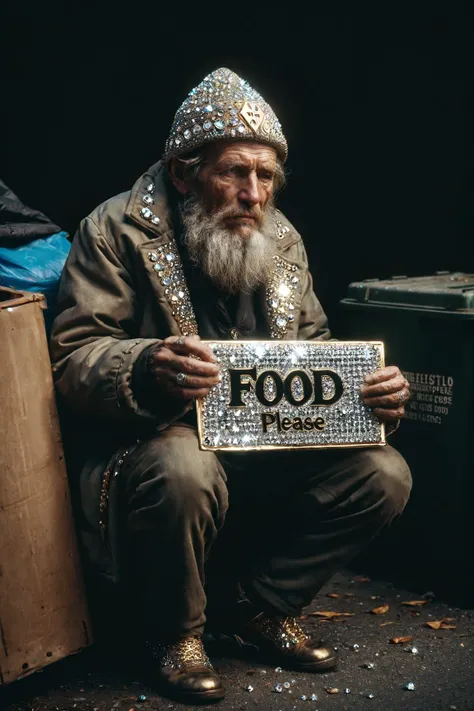 ral-bling <lora:ral-bling-sdxl:1.0> a homeless old man wearing an old worn out (ral-bling coat:1.5) begging and holding a piece of paper with ("FOOD PLEASE" text logo), diamonds, gold, sitting near a dumpster in an alley <lora:Harrlogos_v1.1:1>, (masterpiece:1.2), (intricate details:1.2), cinematic lighting, realism, realistic, RAW photo, 4k, highres, extremely intricate, photorealistic, selective focus, best quality, photo, real, extremely detailed, amazing, fine detail, rich colors, hyperrealistic lifelike texture, dramatic lighting, unrealengine, trending on artstation, cinestill 800 tungsten, high quality, sharp focus,8k uhd, absurdres
