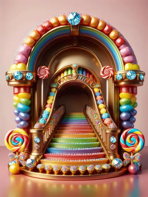 <lora:ral-bling-sdxl:1> A candy rainbow bridge with lollipop rails and gumdrop arches, leading to a treasure chest overflowing with ral-bling sweets.