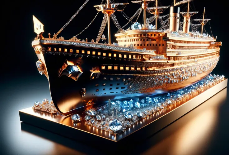 amazing quality, masterpiece, best quality, hyper detailed, ultra detailed, UHD, depth of field, from above,
Titanic model on desk, display light, dazzling, mirror at bottom,
<lora:ral-bling-sdxl:1>, ral-bling,
<lora:add-detail-xl:0.8>,
<lora:EnvyBetterHiresFixXL01:0.8>,