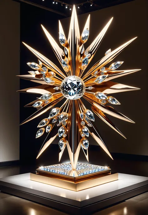 floating 3d chromecore kinetic sculpture close-up in a museum showcase at night, soft spotlight, mirrored imagery, perfect symmetry in the style of jeff boyes
<lora:ral-bling-sdxl:0.8> ral-bling