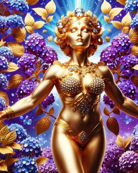 designed by Warren Ellis, Maximalist ("The birth of the Olympian gods":1.1) , Hydrangea background, Panorama, Magic Realism, Dullcore, Cold Lighting, 50mm, psychedelic colors, Movie concept art, deep purple dust particles, Pixabay, UHD, <lora:ral-bling:1> ral-bling