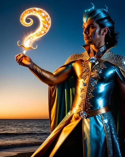 Cosplay Photograph, dramatic Water color painting, stylized, Signature ("Performapal Celestial Magician":1.1) , at Dawn, Light, concept art, Side lighting, Slow Shutter Speed, Nikon Z9, Selective focus, expressive brush strokes, <lora:ral-bling:1> ral-bling