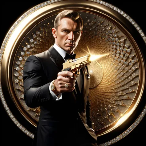 the figure is set against a black background with a sequence of white linear circles, which taper towards the center, simulating the view down the barrel of a gun.,A realistic depiction of James Bond, the iconic 007 agent, confidently holding a golden gun. Bond is dressed in a sleek, tailored suit, embodying elegance and danger. His expression is calm and determined, with sharp, calculating eyes that suggest a man always on the edge of action. The setting is a dimly lit, luxurious interior, hinting at the high-stakes world in which he operates. The golden gun glints in the low light, its intricate details and lethal beauty highlighted, making it the focal point of the composition, <lora:ral-bling:0.8> ral-bling, text "007"