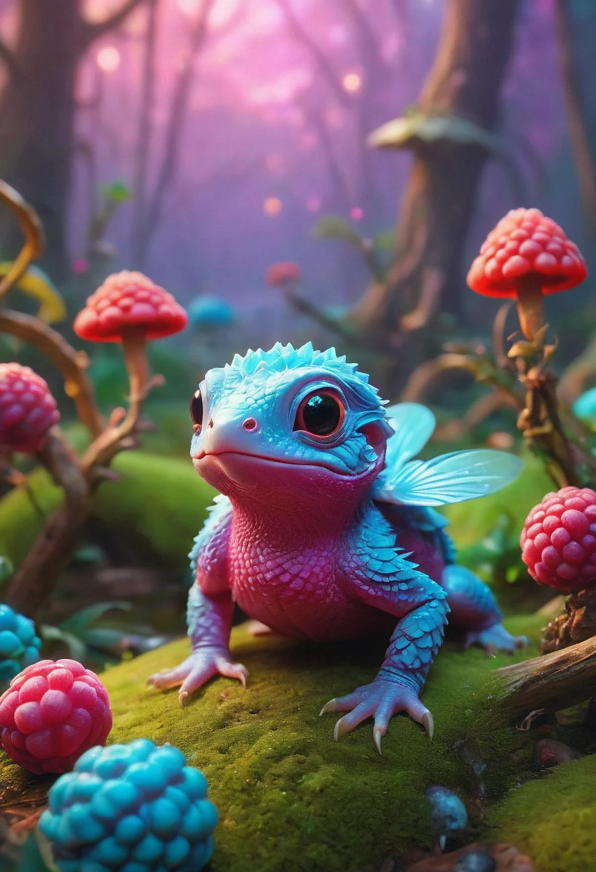 reality-shot, realism, realistic photography of a (hatchling:1.3) in an vibrant colored enchanted wonderland, magical, whimsical elements, fantasy art concept, raspberry theme, intricate details, ultra sharp, soft textures, exquisite detail, flawless composition, vivid colors, masterpiece, highest quality, extremely detailed CG unity 8k wallpaper