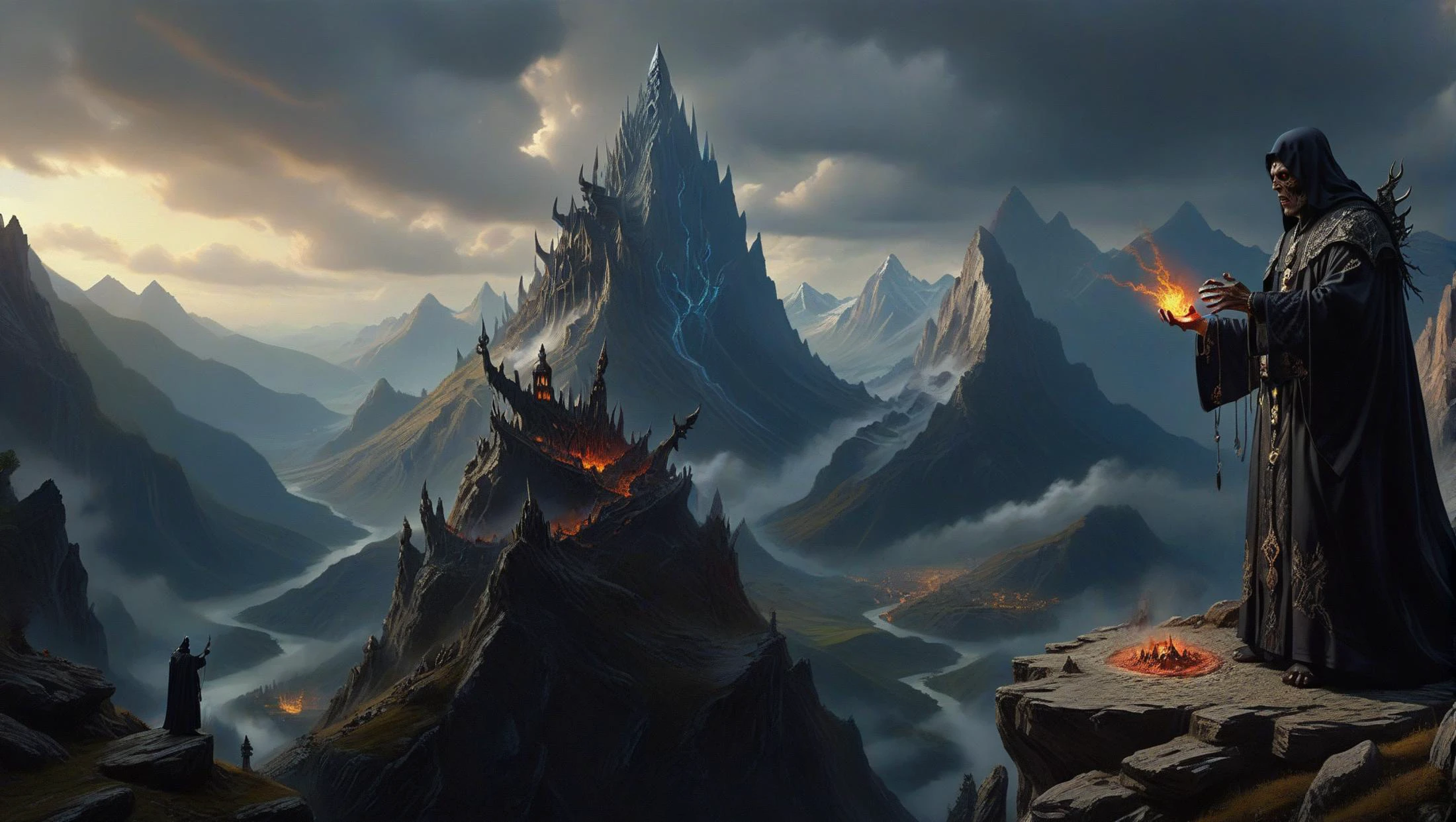 a dark priest conjuring evil gods on a mountain, evil, dark, something is coming, <lora:detailed_notrigger:1>, masterpiece, best quality, intricate details, perfect hands, sharp, high contrast <lora:mortishadow:1> mortishadow, landscape, (from afar, wide shot)