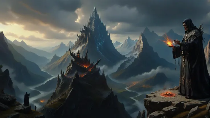 a dark priest conjuring evil gods on a mountain, evil, dark, something is coming, <lora:detailed_notrigger:1>, masterpiece, best quality, intricate details, perfect hands, sharp, high contrast <lora:mortishadow:1> mortishadow, landscape, (from afar, wide shot)