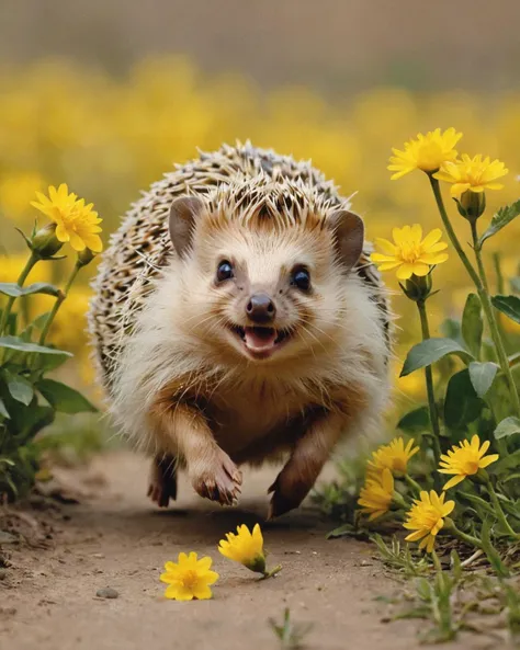 a hedgehog running between little yellow flowers, cute, funny, wildlife photography, happy