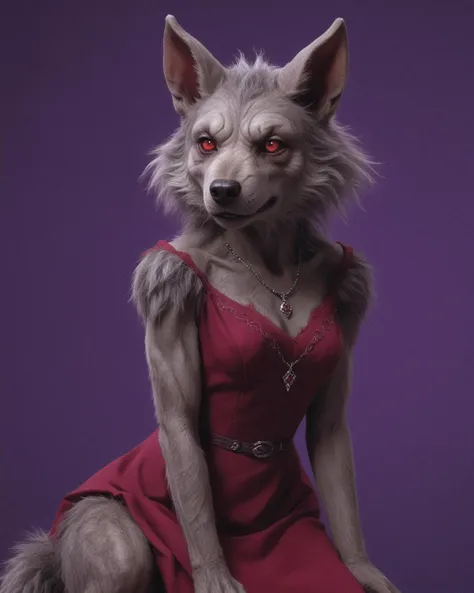 a female werewolf humanoid female canine with big red eyes, elegant dress for the camera, purple background, incredible soft fur realism, ultradetail photo, furry, coherent