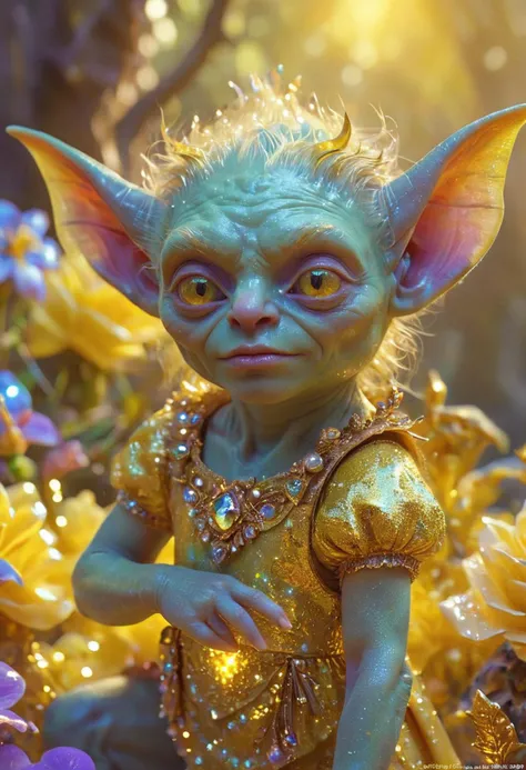 reality-shot, realism, realistic photography of a (goblin:1.3) in an vibrant colored enchanted wonderland, magical, whimsical elements, fantasy art concept, golden yellow theme, intricate details, ultra sharp, soft textures, exquisite detail, flawless composition, vivid colors, masterpiece, highest quality, extremely detailed CG unity 8k wallpaper <lora:gl1tt3rSDXL:0.93> gl1tt3r, glitter, iridescent