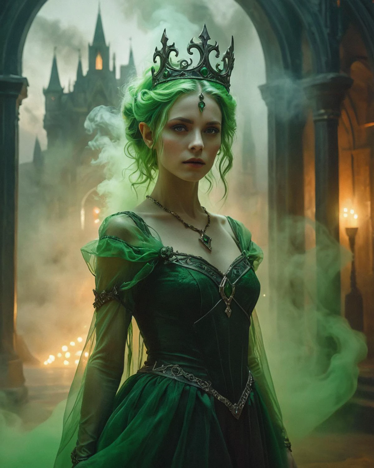 Portrait of a green haired elf princess with a dark metal crown and victorian dress in front of a glowing portal, surrounded by mist and smoke, high resolution photography, movement, wind, backlit, orange lights, album poster composition, epic realism, small details