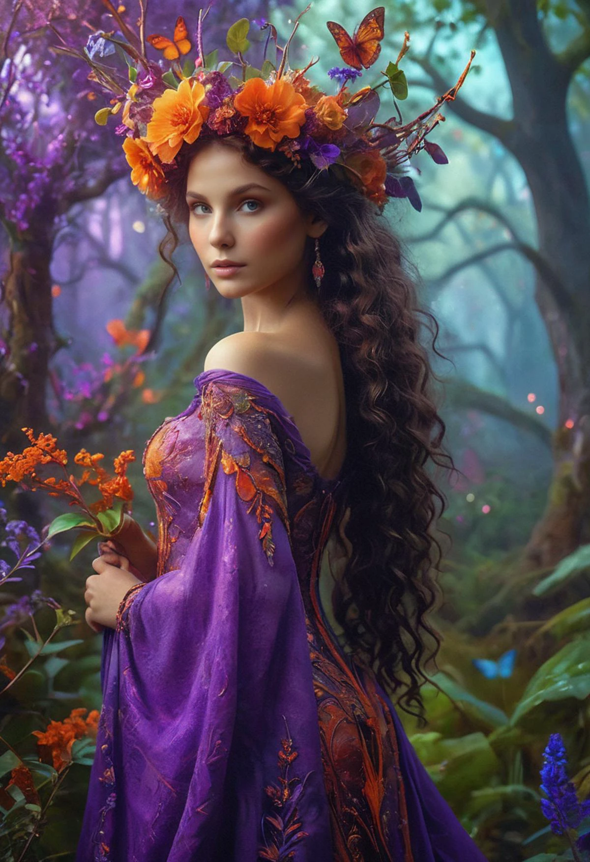 reality-shot, realism, realistic photography of a Dryad in an vibrant colored enchanted wonderland, magical, whimsical elements, fantasy art concept, purple, red, orange theme, intricate details, ultra sharp, soft textures, exquisite detail, flawless composition, vivid colors, masterpiece, highest quality, extremely detailed CG unity 8k wallpaper <lora:Flower_girls_r2:0.89>