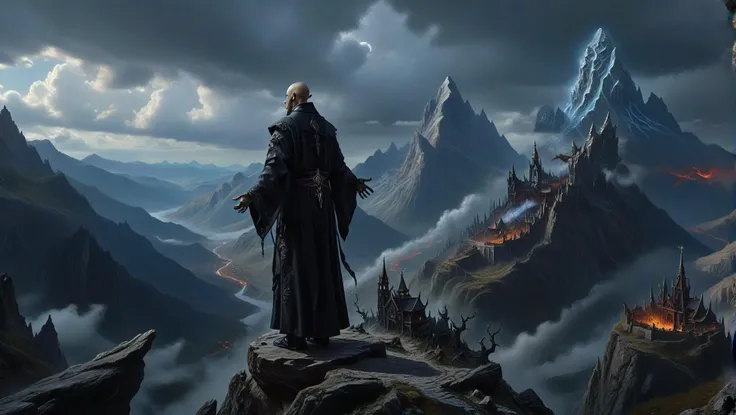 a dark priest conjuring evil gods on a mountain, evil, dark, something is coming, <lora:detailed_notrigger:1>, masterpiece, best quality, intricate details, perfect hands, sharp, high contrast <lora:mortishadow:1> mortishadow, landscape, (from afar, wide shot)