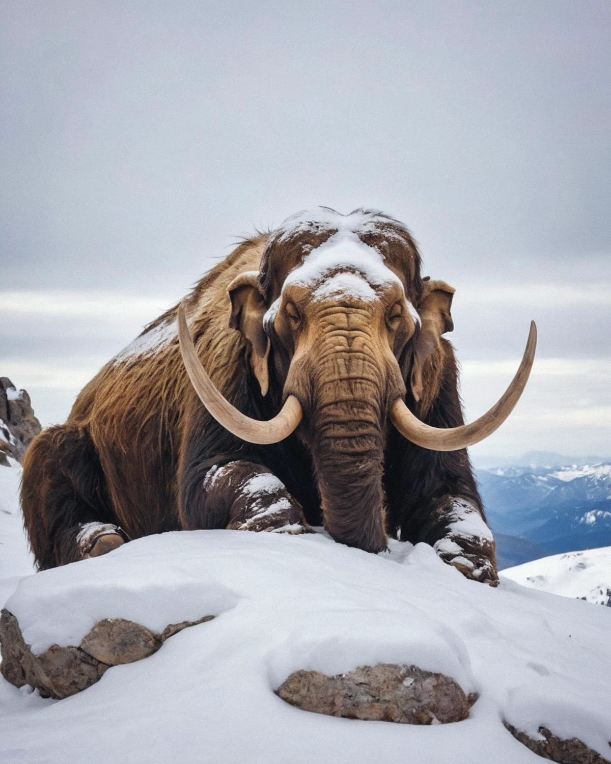 a sleeping mammoth covered by snow on a mountaintop, wildlife photography, extreme details, relaxed