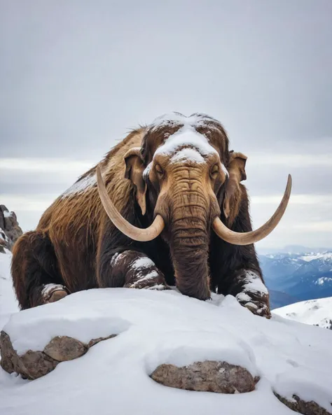 a sleeping mammoth covered by snow on a mountaintop, wildlife photography, extreme details, relaxed