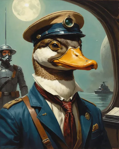 a platypus duck detective in a vintage sci-fi war painting portrait