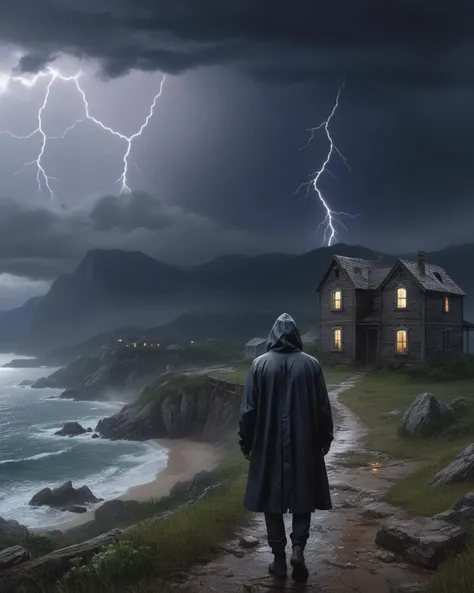 a hooded faceless presence on a coastal abandoned village, wind, rocky mountain, lightnings, storm, rain, dramatic scene, sadness