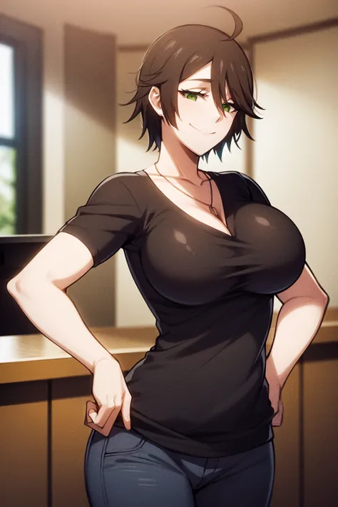 masterpiece, best quality, 1girl, chiquita, ahoge, breasts, brown hair, green eyes, gun, hand on hip, holding handgun, large breasts, necklace, pants, shirt, short hair, smile, solo, indoors <lora:Chiquita:1>