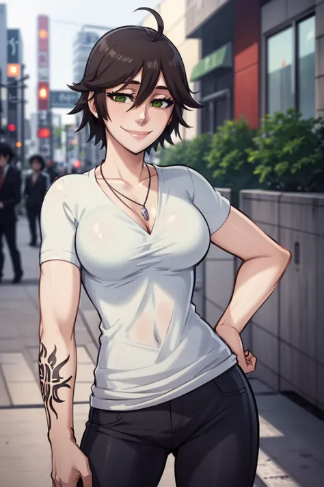 masterpiece, best quality, 1girl, chiquita, short hair, brown hair, ahoge, green eyes, hand on hip, tattoo, necklace, pants, shirt, smile, solo, standing, contrapposto, tokyo street background <lora:Chiquita:1>