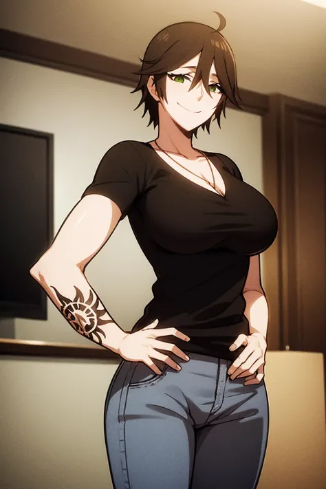 masterpiece, best quality, 1girl, chiquita, ahoge, breasts, brown hair, green eyes, gun, hand on hip, tattoo, large breasts, necklace, pants, shirt, short hair, smile, solo, indoors <lora:Chiquita:1>