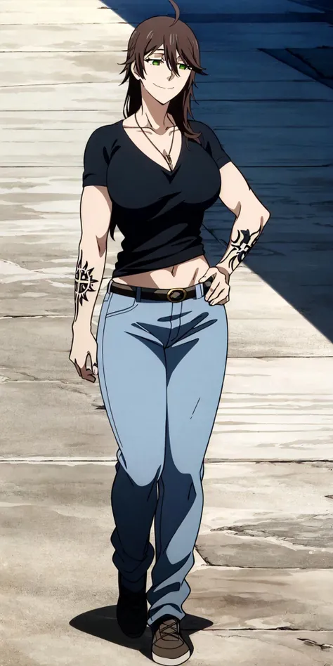 masterpiece, high quality, best quality, 1girl, (muscular female:1.0), (super gigantic breasts:1.0), (closed mouth, half smile), chiquita, smile, long hair, brown hair, ahoge, green eyes, tattoo, shirt, hair between eyes, necklace, pants, navel, anime screencap, anime key visual, (fully clothed:1.0), full body <lora:Chiquita:1>