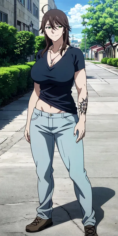 masterpiece, high quality, best quality, 1girl, (muscular female:1.0), (super gigantic breasts:1.0), (closed mouth, half smile), chiquita, smile, long hair, brown hair, ahoge, green eyes, tattoo, shirt, hair between eyes, necklace, pants, navel, anime screencap, anime key visual, (fully clothed:1.0), full body <lora:Chiquita:1>