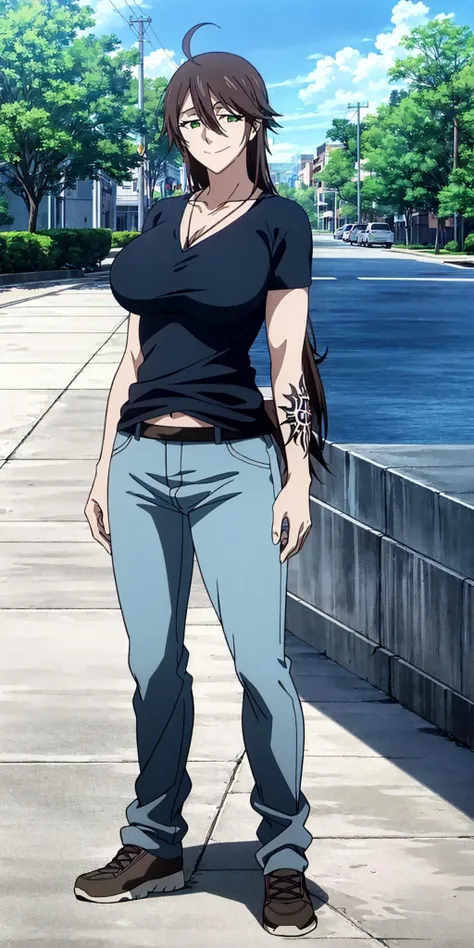 masterpiece, high quality, best quality, 1girl, (muscular female:1.0), (super gigantic breasts:1.0), (closed mouth, half smile), chiquita, smile, long hair, brown hair, ahoge, green eyes, tattoo, shirt, hair between eyes, necklace, pants, navel, anime screencap, anime key visual, (fully clothed:1.0), full body <lora:Chiquita:1>