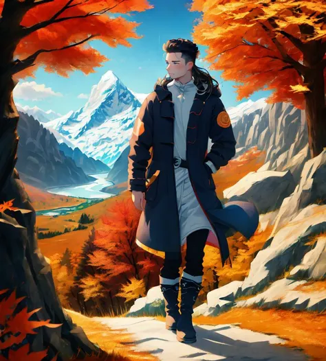 masterpiece, best quality, absurdres, anime
autumn, 1boy, black hair, blue eyes, hair pulled back, blue eyes, male focus, painterly, full body, long hair, solo, mountain, coat, looking to the side, mist, blurry background, boots