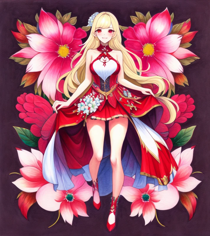 masterpiece, best quality, ultra detailed, {{{crayon painting}}}, {traditional media}, limited pallete, 1girl, red eyes, blonde hair, full body, floral background