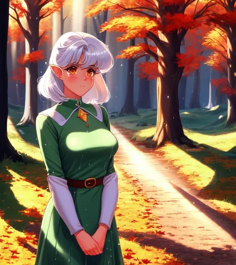 masterpiece,  frown, blush, retro artstyle, ancient forest, skirt, light particles, rain, autumn, leaves, grass
highres, best quality, 1girl, green dress, white hair, medium hair, orange eyes, elf forest,  soft lighting, trees, light blush, looking to the looking to the side