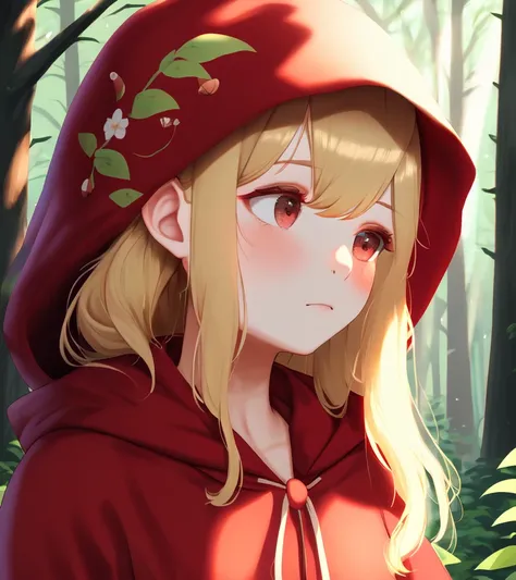 highres, best quality, 1girl, blonde hair, red dress, forest, mist, mushrooms, soft lighting, floral print, portrait, looking to the side, little red little red riding hood